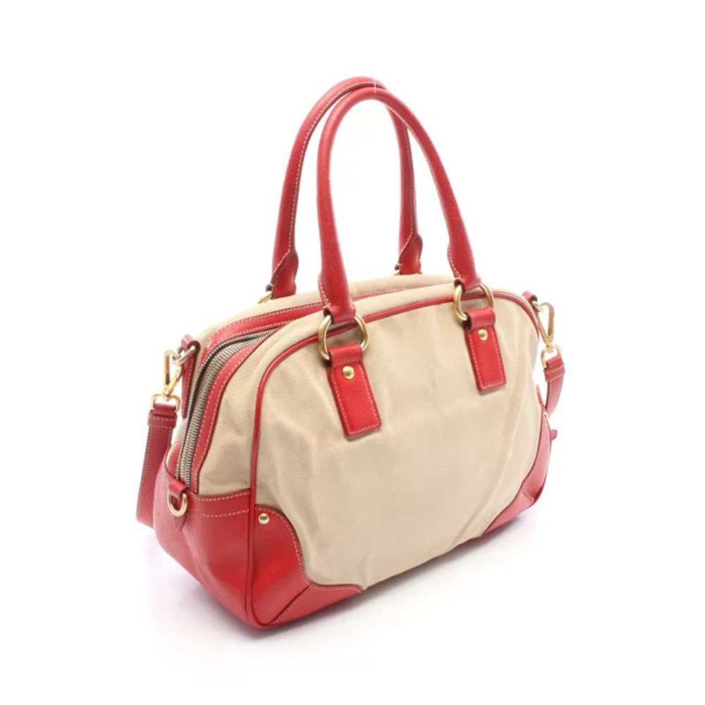 Prada Red Canvas Beige Bag Leather Handbag Red Tan